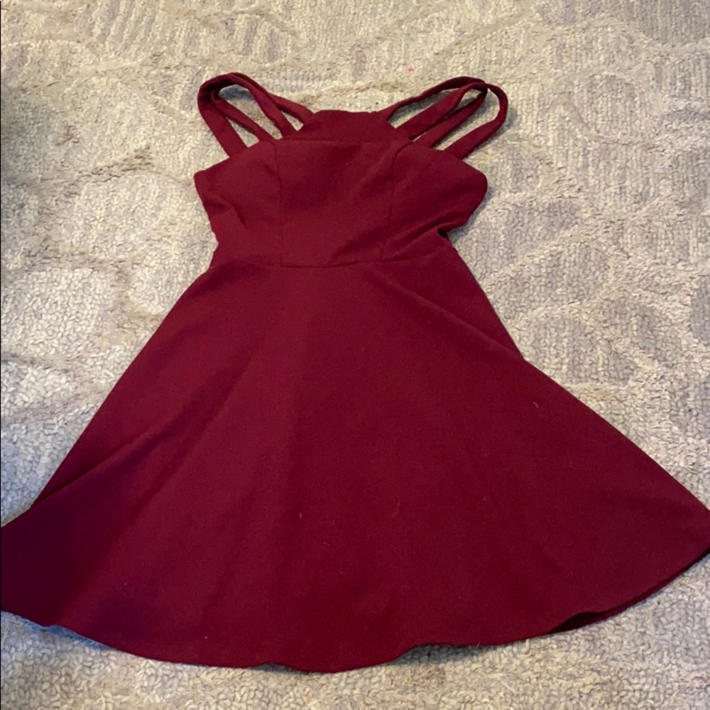 maroon skater dress with high neckline